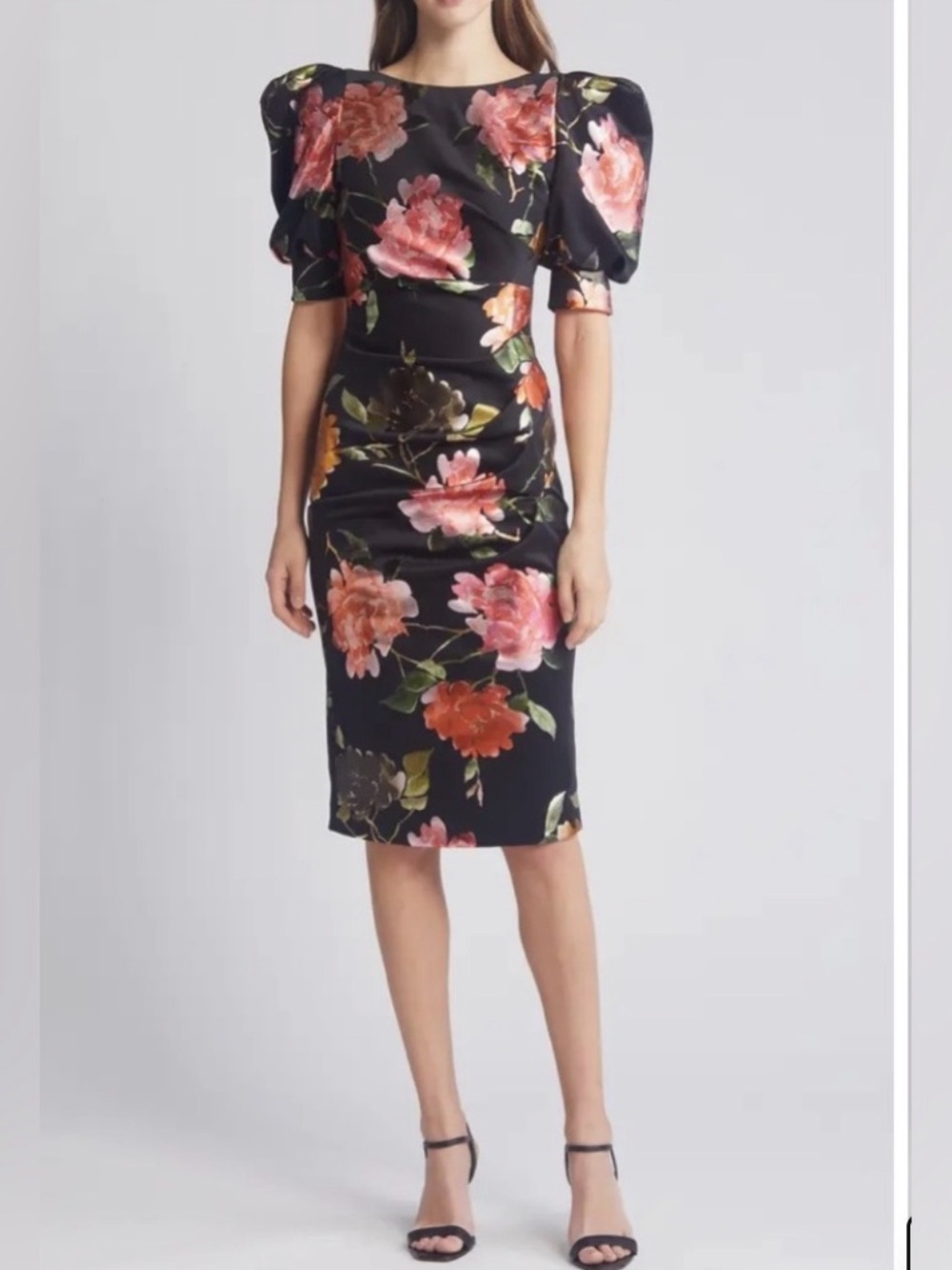 Black Halo Black Pencil Skirt with Pink & Coral Floral Print